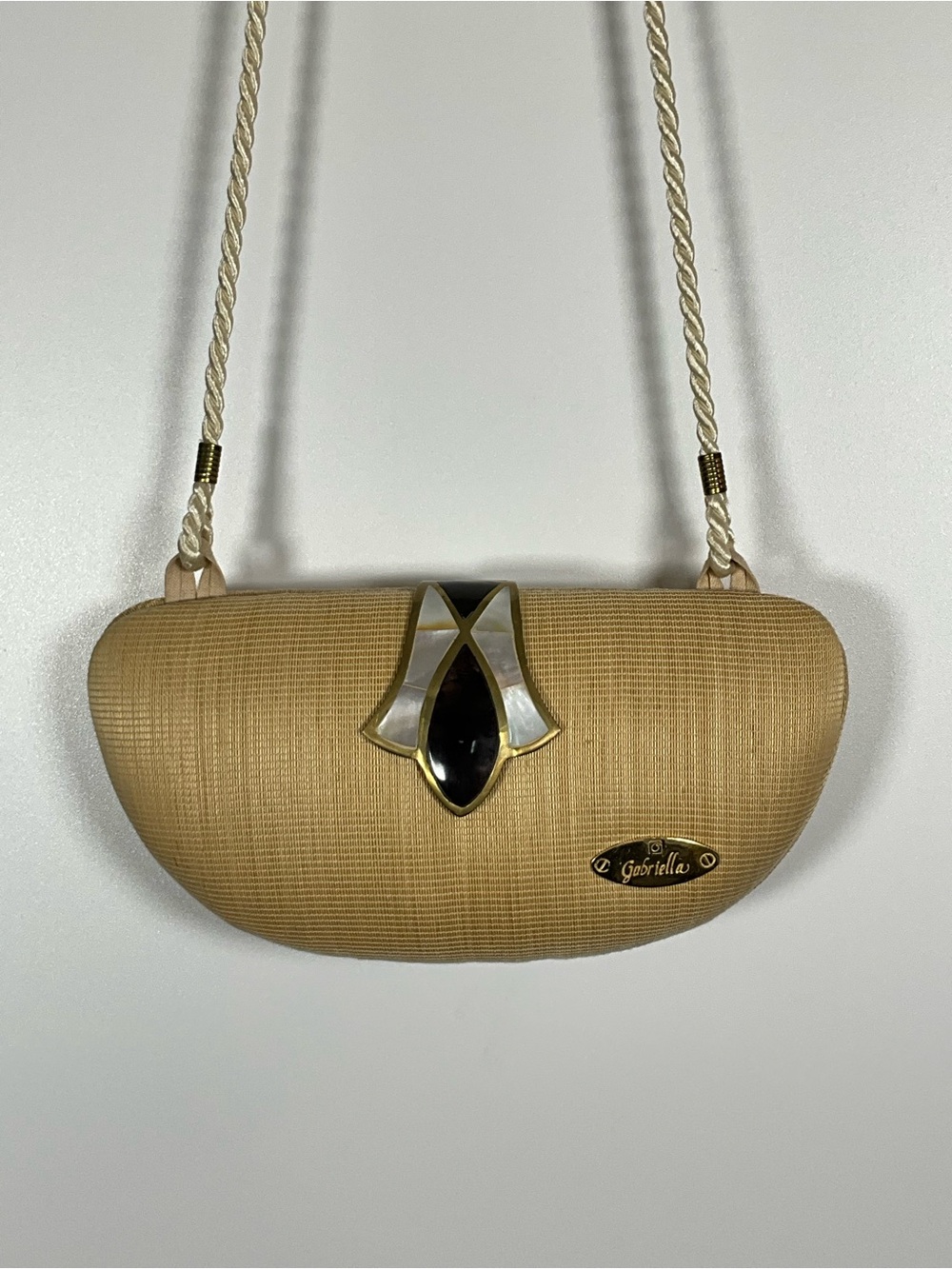 Vintage Gabriella Beige Woven Clutch or Shoulder Bag with Mother-of-Pearl Clasp